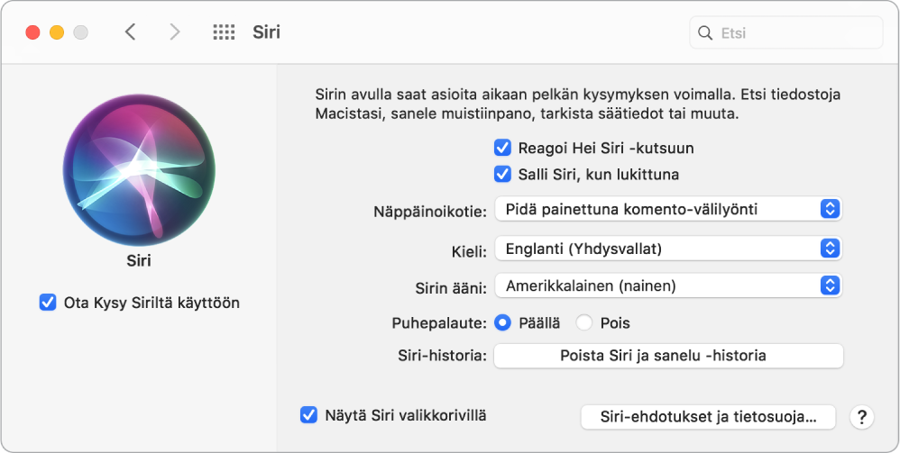 Siri-asetusikkuna, jossa vasemmalla on ”Ota Kysy Siriltä käyttöön” ja oikealla on useita Siri-asetuksia, esimerkiksi ”Reagoi Hei Siri -kutsuun”.