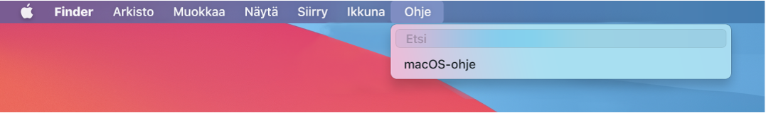Työpöydän osa, jossa on Ohje-valikko avoinna ja jossa näkyvät Etsi- ja macOS-ohje-valikkokohdat.