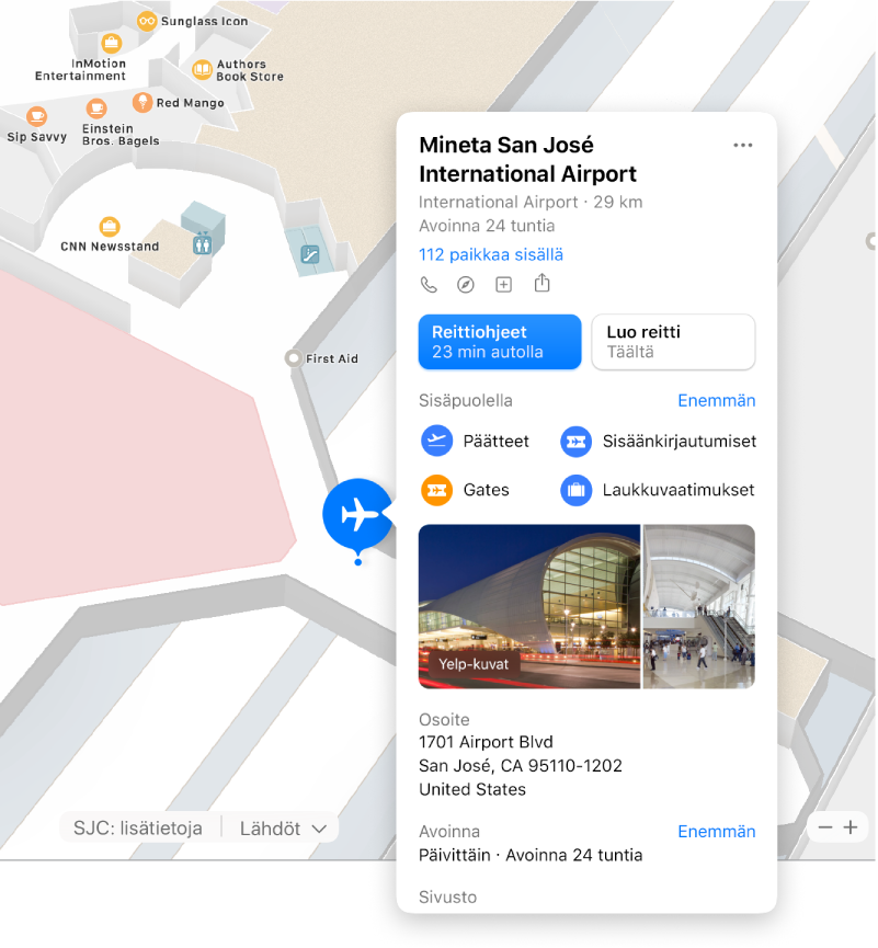 Lentokentän sisätilojen kartta sekä tietoja lentokentästä, mukaan lukien esimerkiksi reittiohjeet, ravintolat ja myymälät.