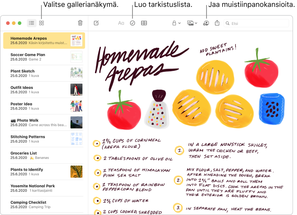 Muistiinpanot-ikkuna gallerianäkymässä ja selitteet Gallerianäkymä-, Tarkistuslista- ja Jaa kansio -painikkeisiin.