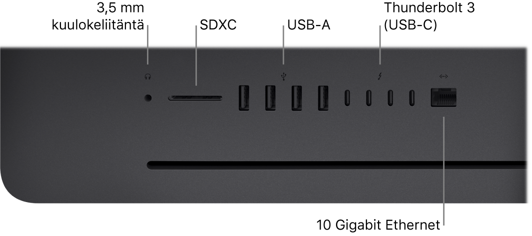 iMac Pro, jossa näkyy 3,5 mm kuulokeliitäntä, SDXC-paikka, USB A- ja Thunderbolt 3 (USB-C) -portit sekä Ethernet (RJ-45) -portti.