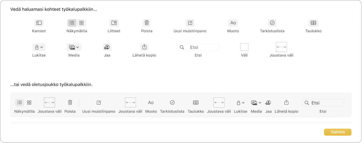 Muistiinpanot-ikkuna, jossa näkyvät käytettävissä olevat työkalupalkin muokkausvalinnat.