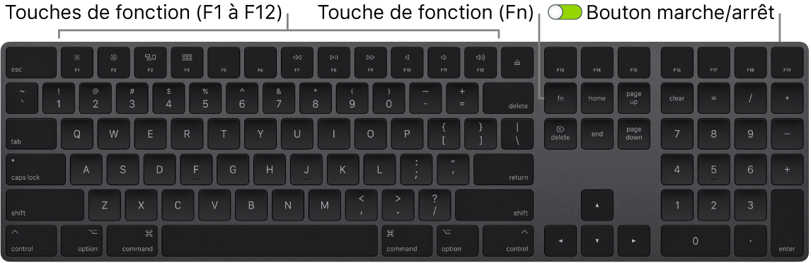 Magic Keyboard présentant la touche de fonction (Fn) dans le coin inférieur gauche et le bouton marche/arrêt dans le coin supérieur droit du clavier.