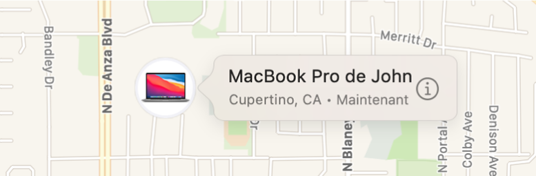 Un gros plan sur l’icône d’informations du MacBook Pro de John.