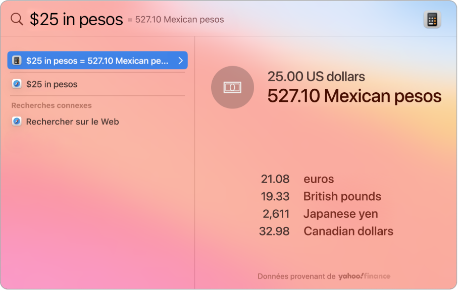 Une capture d’écran affichant une conversion de dollars en pesos, avec le meilleur résultat de la conversion et plusieurs autres options pouvant être sélectionnées.