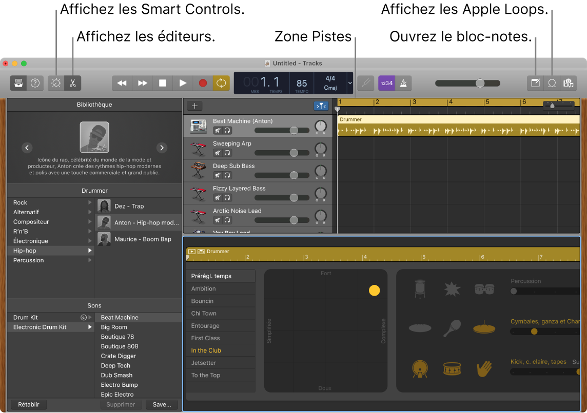 Une fenêtre de GarageBand affichant les boutons pour accéder aux Smart Controls, aux éditeurs, aux notes et aux boucles Apple Loops. Elle présente également l’affichage des pistes.