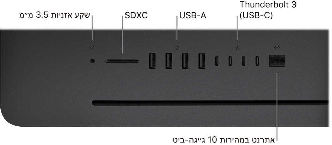 ‏iMac Pro מציג את מחבר האוזניות של 3.5 מ״מ, חריץ SDXC, יציאות USB-A, יציאות Thunderbolt 3 ‏(USB-C) ויציאת Ethernet (‏RJ-45).