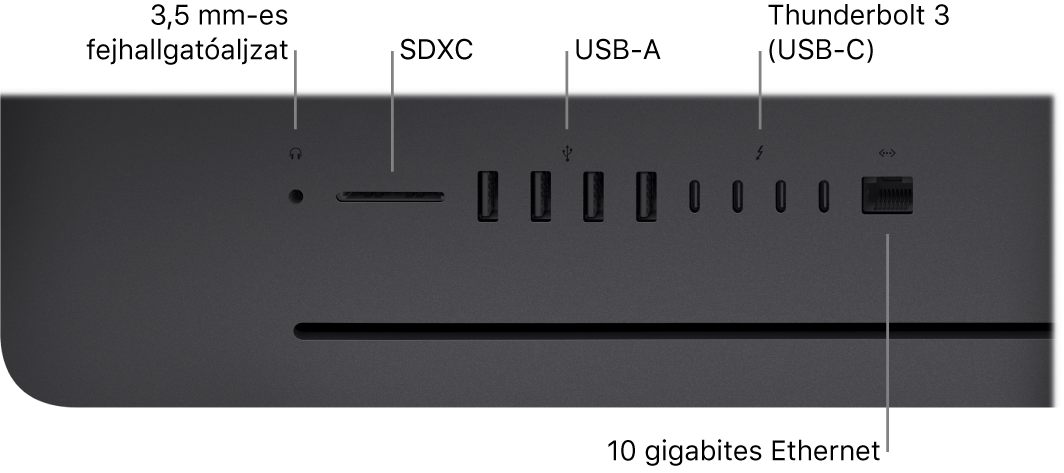 Az iMac Pro a 3,5 mm-es fejhallgató-csatlakozóval, az SDXC-foglalattal, az USB-A-portokkal, a Thunderbolt 3 (USB-C) portokkal és az Ethernet (RJ-45) porttal.