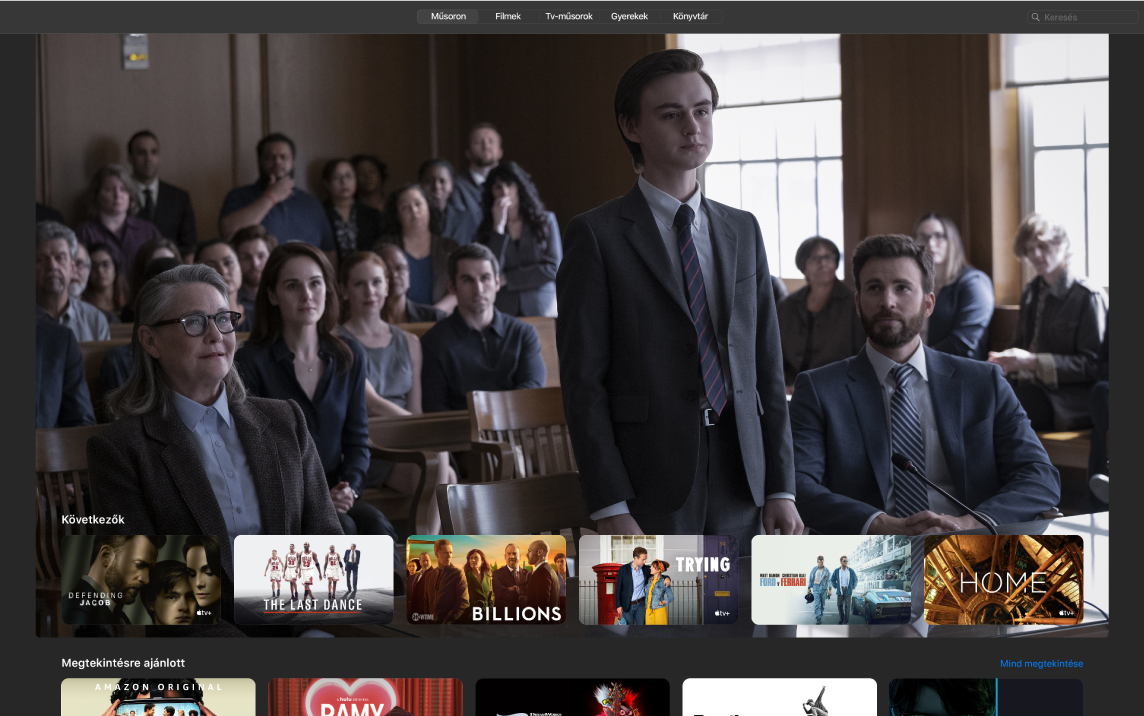 Az Apple TV alkalmazás egy ablakában a Műsoron nézet látható.