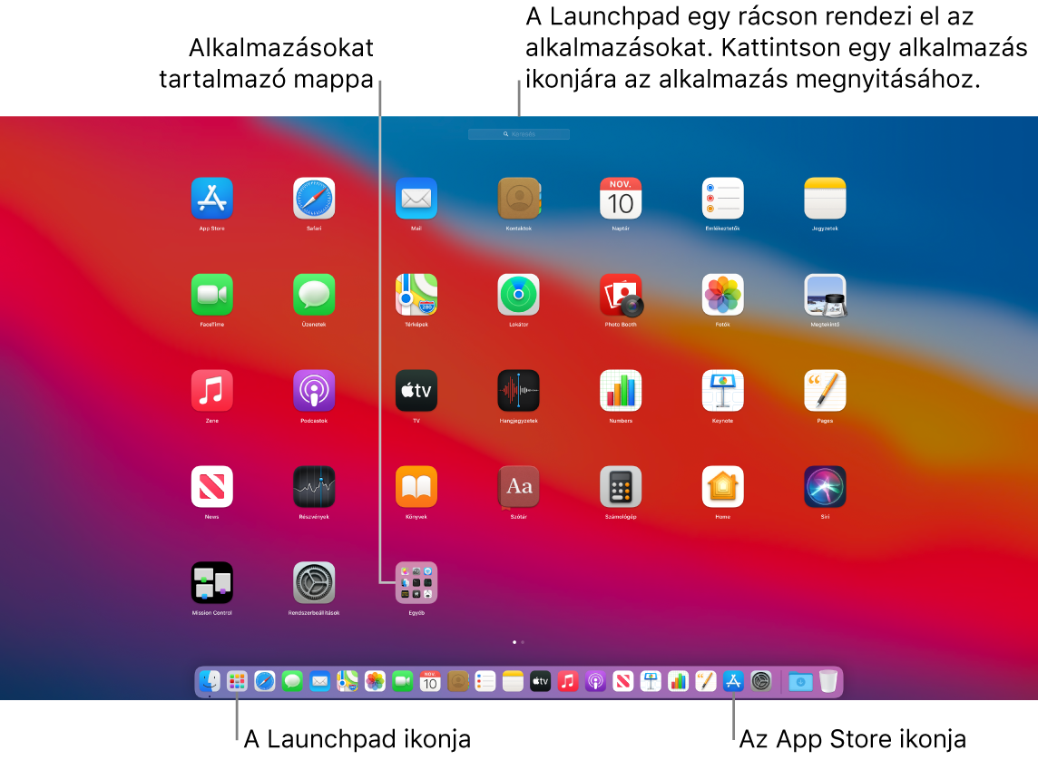 Egy Mac gép képernyője a megnyitott Launchpad alkalmazással, amelyben az alkalmazások mappája látható, valamint a Launchpad és az App Store ikonjaival a Dock területén.