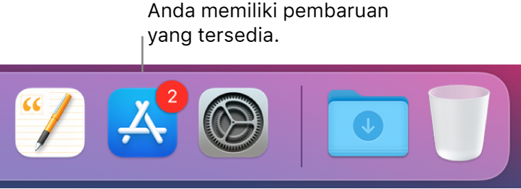 Bagian di Dock menampilkan ikon App Store dengan lencana, menunjukkan bahwa pembaruan tersedia.