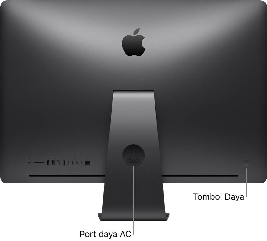 Tampilan belakang iMac Pro menampilkan port daya AC dan tombol daya.