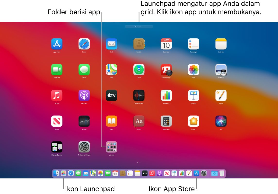 Layar Mac dengan Launchpad terbuka, menampilkan folder app di Launchpad, dan ikon Launchpad dan App Store di Dock.