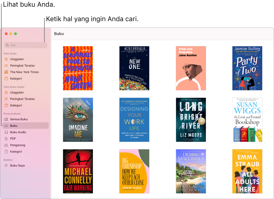 App Buku menampilkan cara melihat buku, menjelajahi konten yang dikuratori, dan pencarian.