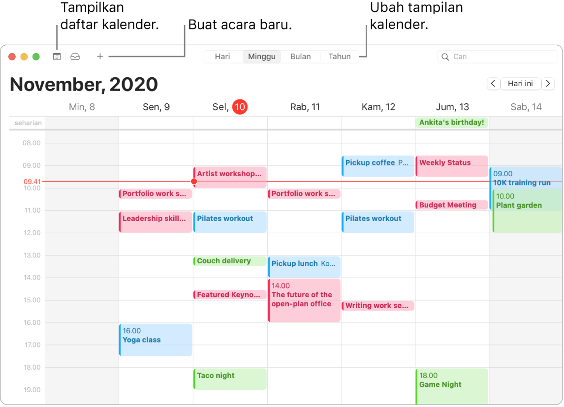 Jendela Kalender menampilkan cara membuat acara, menampilkan daftar kalender, dan memilih tampilan Hari, Minggu, Bulan, atau Tahun.