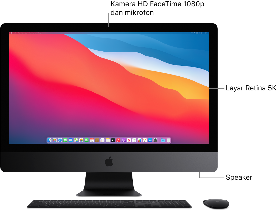 Bagian depan iMac Pro menampilkan layar, kamera, mikrofon, dan speaker.