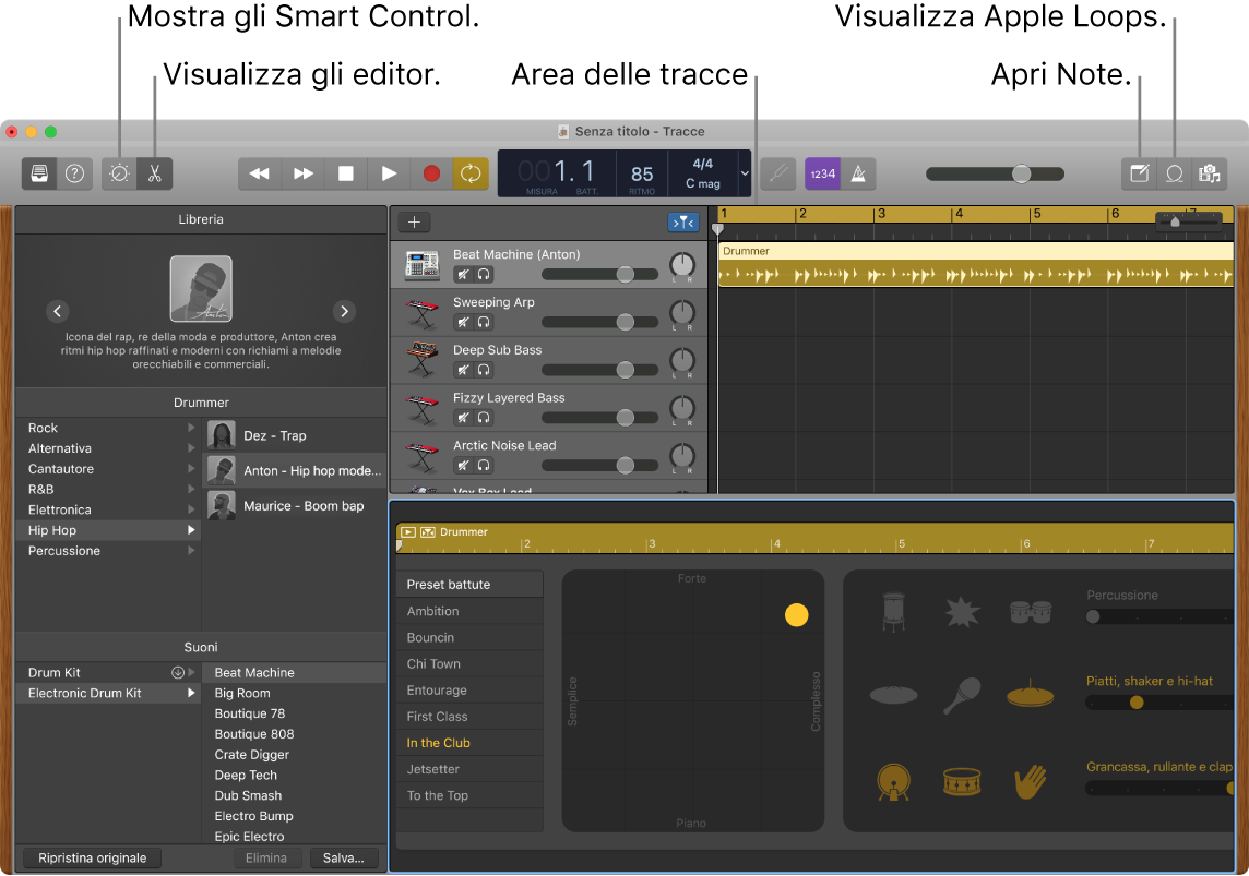 Una finestra di GarageBand che mostra i pulsanti per accedere a “Controlli smart”, Editor, Note e Apple Loops. Mostra anche la visualizzazione delle tracce.