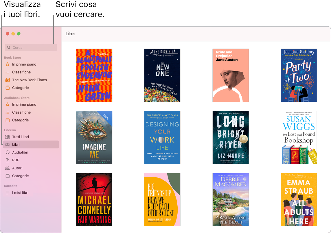 Finestra dell'app Libri che illustra come visualizzare libri, sfogliare contenuti ed effettuare ricerche.