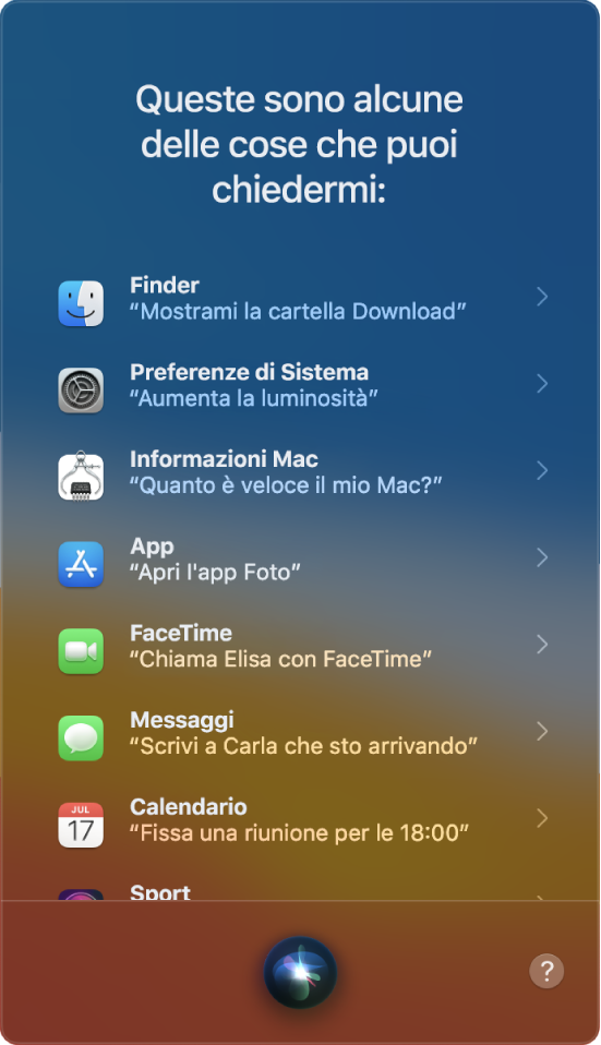 Una finestra di Siri con il titolo “Alcune delle cose che puoi chiedermi” con esempi di richieste come “Ha vinto il Torino?”