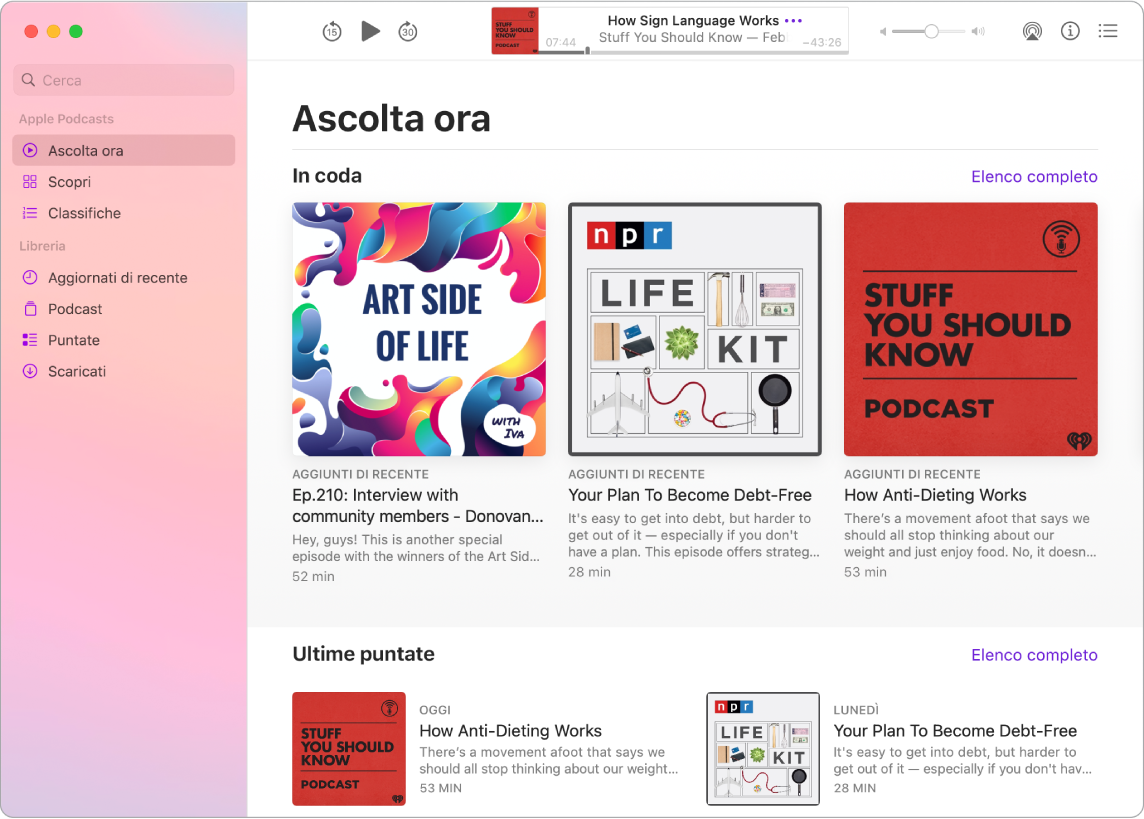 La finestra di Podcast che mostra una colonna a sinistra con un campo di ricerca nella parte superiore e le opzioni di visualizzazione sotto. Viene selezionato Sfoglia e i podcast vengono mostrati a destra.