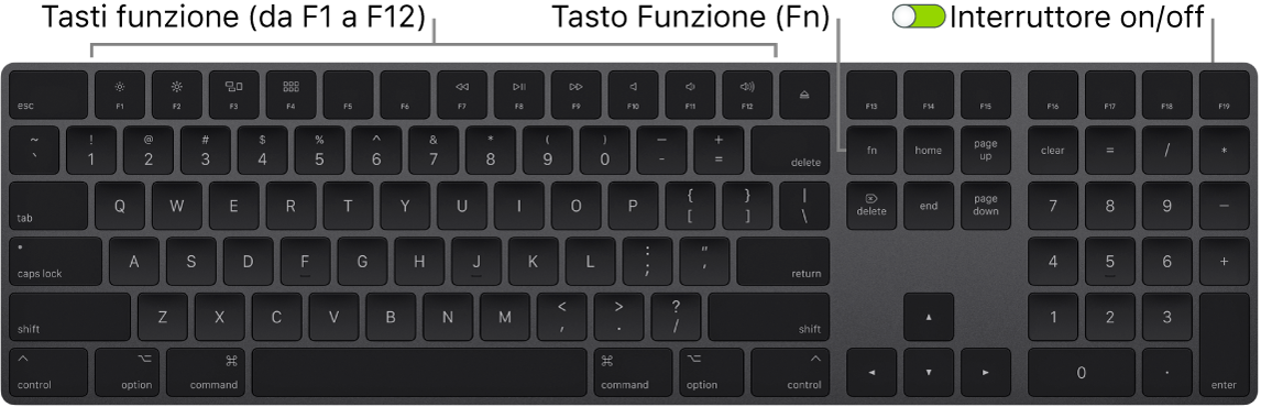 Magic Keyboard con il tasto Funzione (Fn) nell'angolo inferiore sinistro e l'interruttore di alimentazione nell'angolo superiore destro della tastiera.
