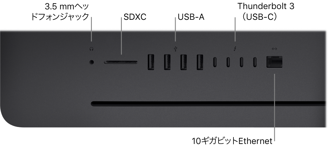 iMac Pro。3.5 mmヘッドフォンジャック、SDXCスロット、USB-Aポート、Thunderbolt 3（USB-C）ポート、Ethernet（RJ-45）ポートが示されています。