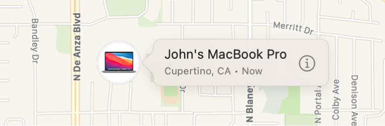 Джонның MacBook Pro компьютері үшін Info белгішесінің жақындатылған көрінісі.
