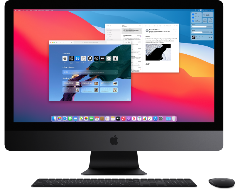 „iMac Pro“ ekranas, kuriame atidaryti du langai.
