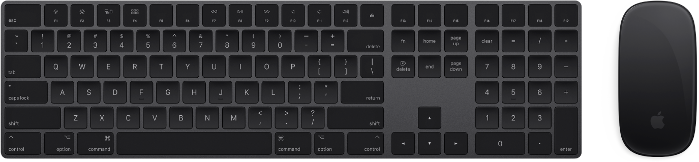 „Magic Keyboard“ su skaitmenų klaviatūra ir „Magic Mouse 2“, pridedami prie jūsų „iMac Pro“.