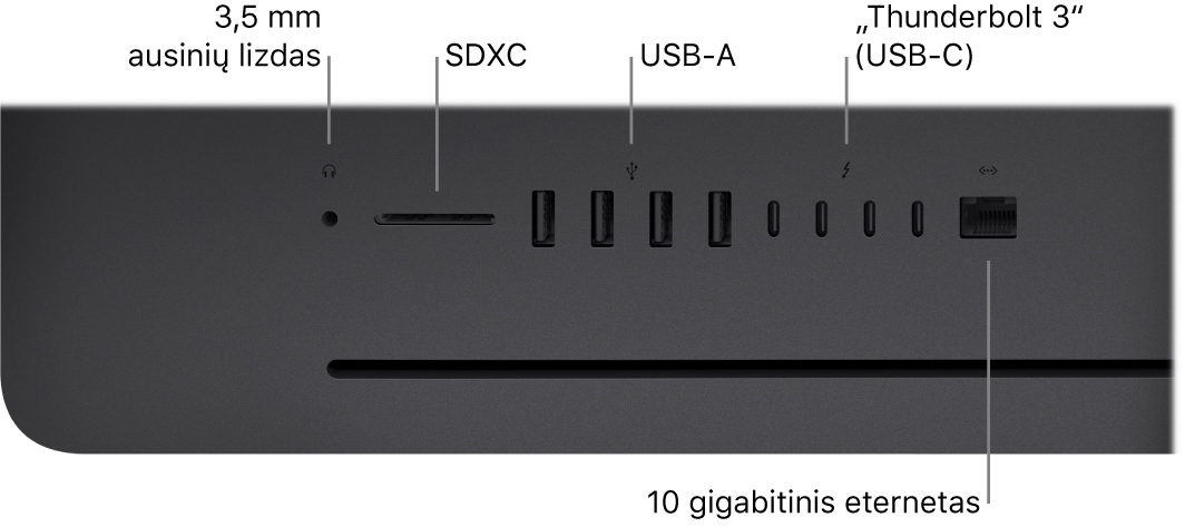 „iMac Pro“: matosi 3,5 mm ausinių lizdas, SDXC lizdas, USB-A prievadai, „Thunderbolt 3“ (USB-C) prievadai ir eterneto (RJ-45) prievadas.