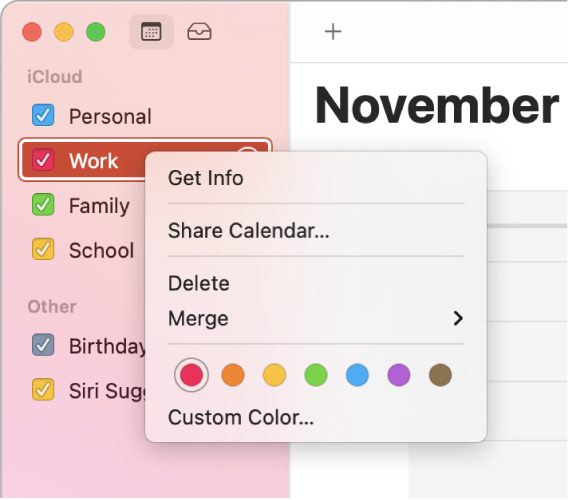 Lietotnes Calendar saīšņu izvēlne ar kalendāra krāsu pielāgošanas opcijām.