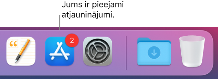Joslas Dock sadaļa, kurā redzama lietotnes App Store ikona ar emblēmu, kas norāda uz pieejamiem atjauninājumiem.
