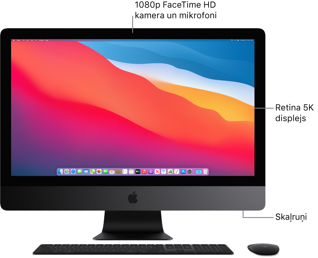 Skats uz iMac Pro datoru no priekšpuses; redzams displejs, kamera, mikrofoni un skaļruņi.