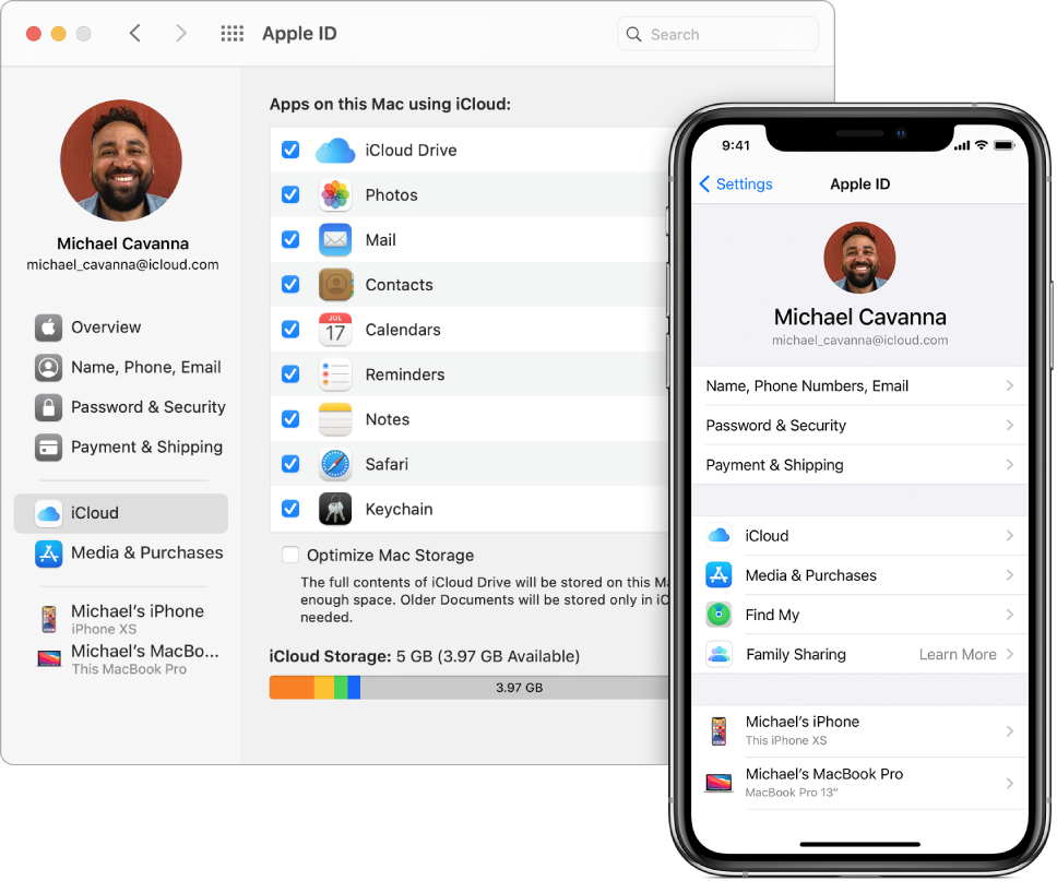 Pakalpojuma iCloud iestatījumi iPhone tālrunī, un iCloud logs Mac datorā.