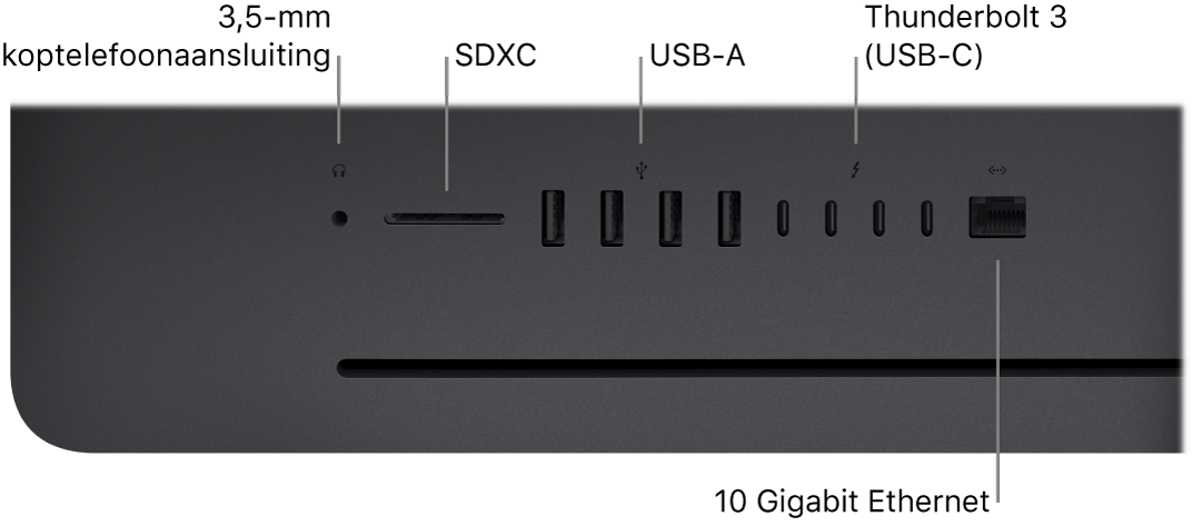 Een iMac Pro met de 3,5-mm koptelefoonaansluiting, SDXC-sleuf, USB-A-poorten, Thunderbolt 3-poorten (USB-C) en Ethernet-poort (RJ-45).