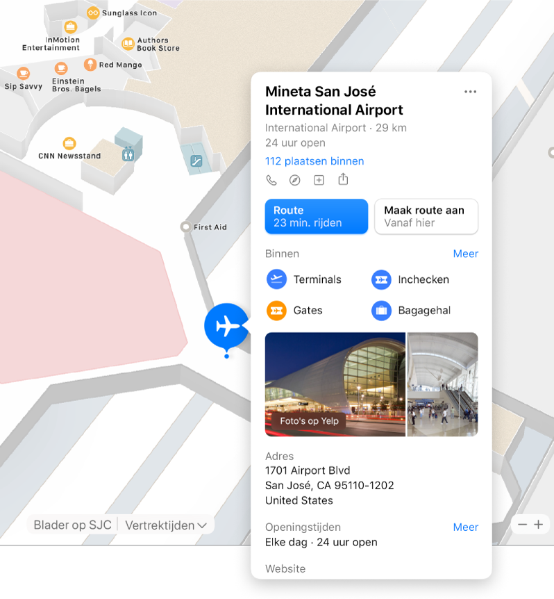 Een plattegrond van een luchthaven, met informatie over de luchthaven, zoals routes, restaurants en winkels.