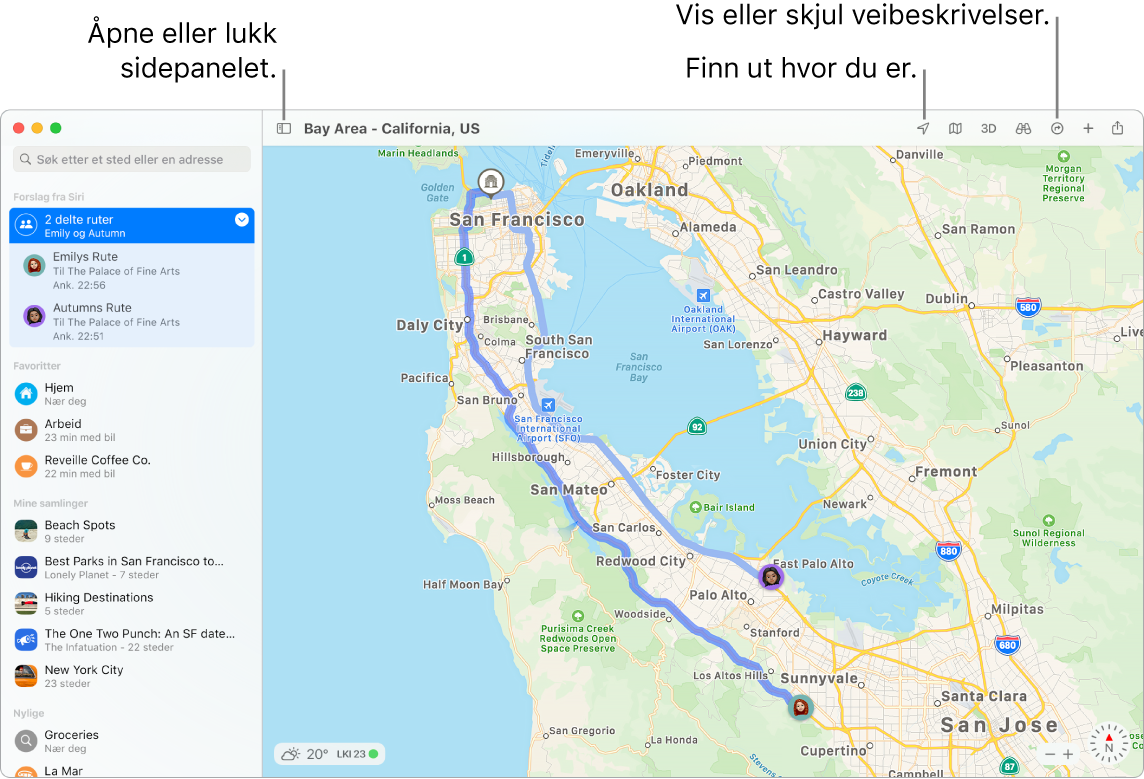 Et Kart-vindu som viser hvordan du kan få veibeskrivelse ved å klikke på en destinasjon i sidepanelet, hvordan du åpner og lukker sidepanelet og hvordan du finner posisjonen din på kartet.