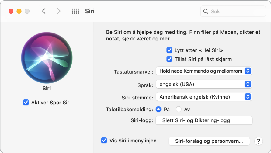 Siri-valg-vinduet med Aktiver Spør Siri markert til venstre og flere valg for tilpassing av Siri til høyre, blant annet «Lytt etter ‘Hei Siri’».