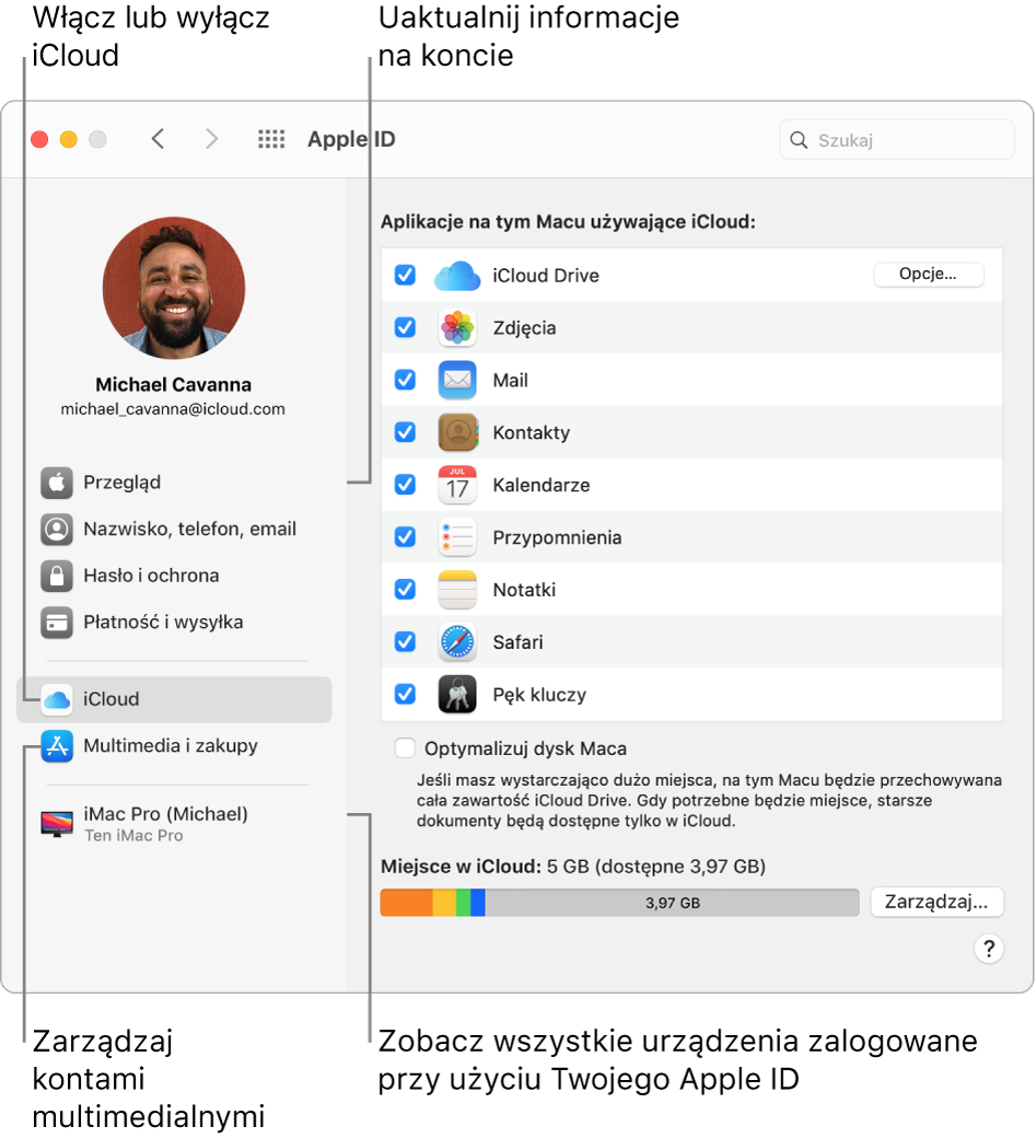 Panel Apple ID w Preferencjach systemowych. Kliknij w pozycję na pasku bocznym, aby uaktualnić dane swojego konta, włączyć lub wyłączyć iCloud, zarządzać kontami do multimediów oraz wyświetlać wszystkie urządzenia zalogowane przy użyciu tego samego Apple ID.