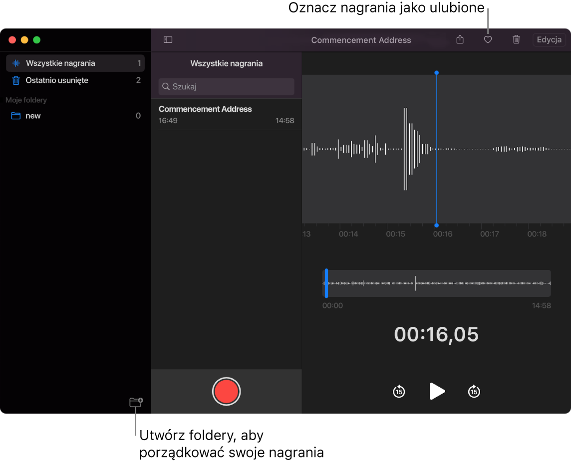 Okno Dyktafonu przedstawiające sposób tworzenia nowych folderów oraz oznaczania nagrań jako ulubionych.