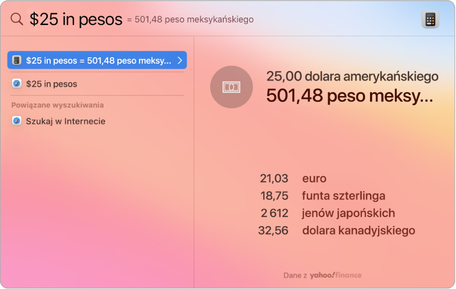 Zrzut ekranu przedstawiający konwersję dolarów na pesos. Najcelniejsze trafienie to konwersja, a poniżej widocznych jest kilka wyników do wyboru.