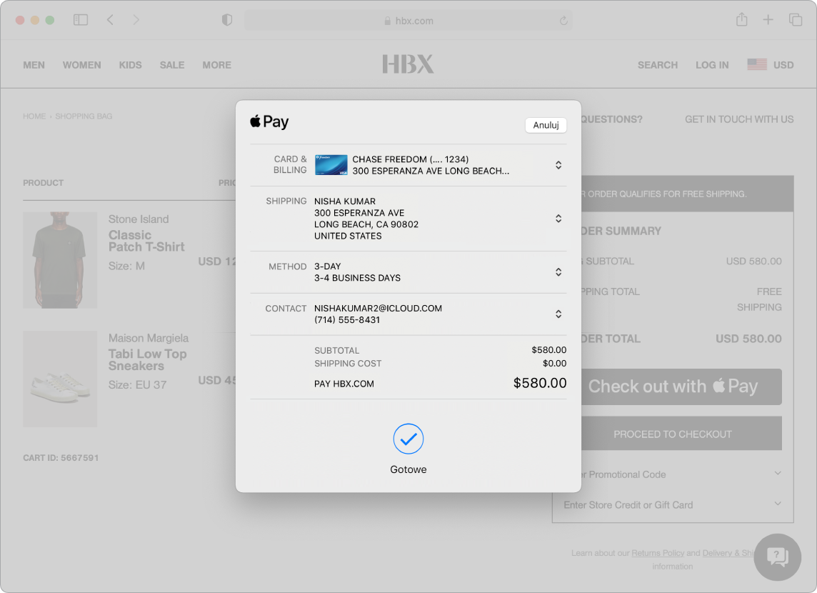 Zrzut ekranu Maca przedstawiający przebieg zakupu w Internecie przy użyciu Apple Pay i przeglądarki Safari.