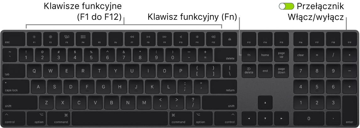 Klawiatura Magic Keyboard z klawiszem Function (Fn) w lewym dolnym rogu oraz przełącznikiem zasilania w prawym górnym rogu.