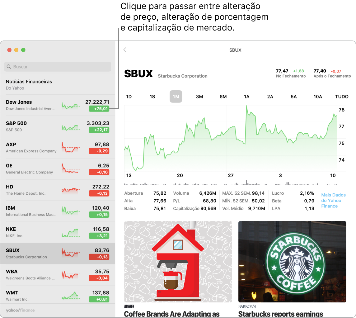 Um tela do app Bolsa mostrando informações e artigos sobre a ação selecionada.