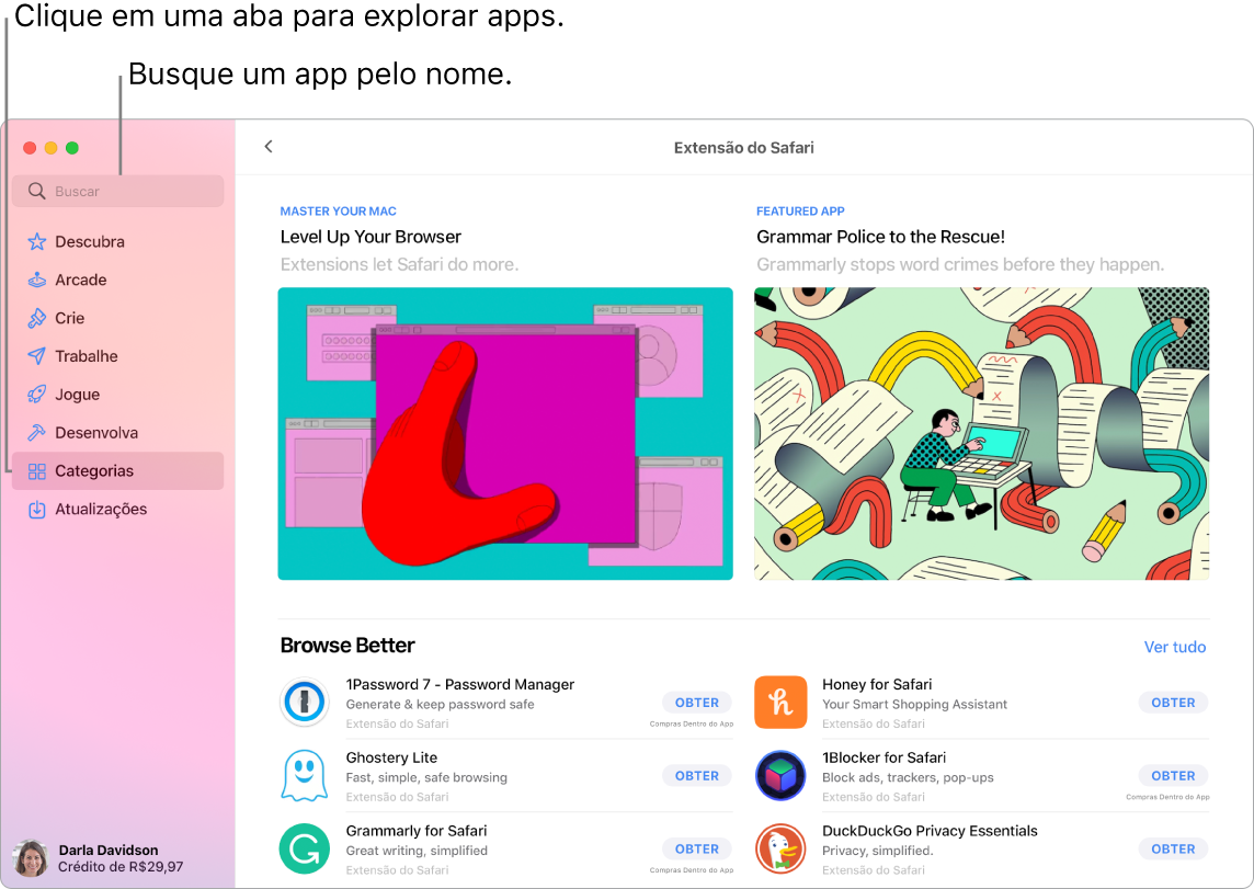 A janela da App Store mostrando o campo de busca e uma página de Extensões do Safari.