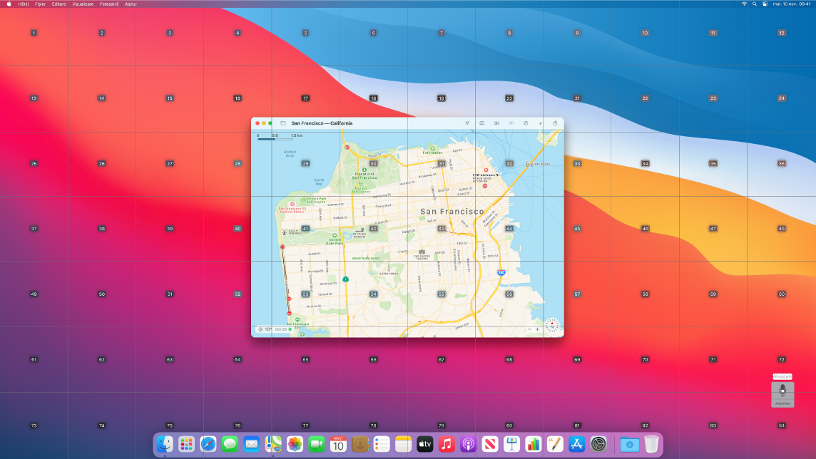 Aplicația Hărți deschisă pe desktop cu grila suprapusă.