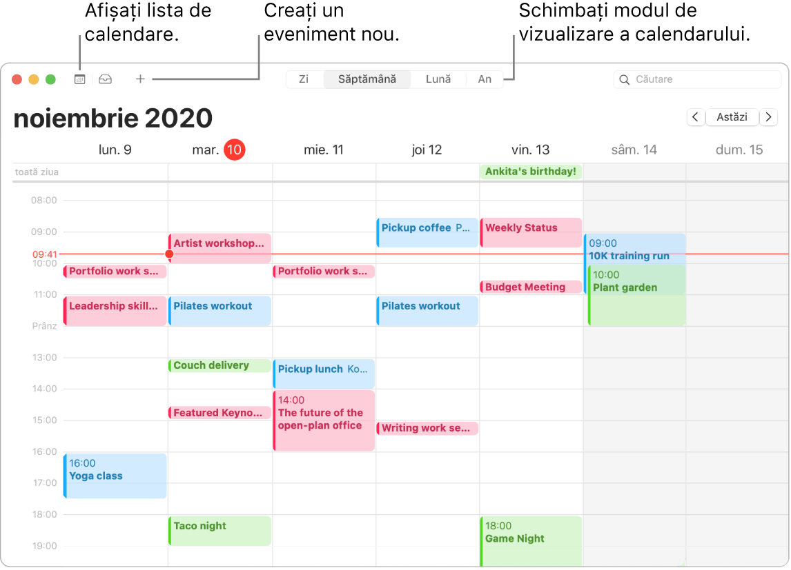 O fereastră Calendar care afișează cum să creați un eveniment, să afișați lista calendarelor și să alegeți vizualizarea Zi, Săptămână, Lună sau An.
