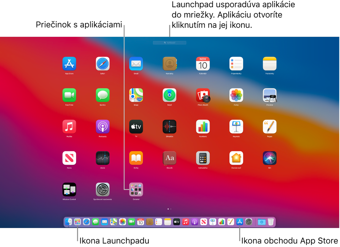 Obrazovka Macu s otvoreným Launchpadom, v ktorom je znázornený priečinok s aplikáciami v Launchpade, a ikony Launchpadu a App Storu v Docku.