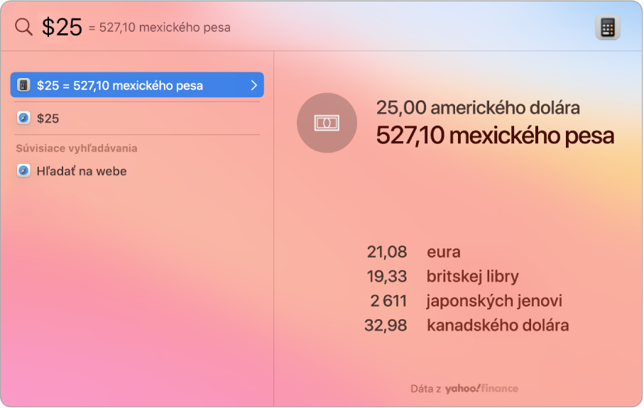 Snímka obrazovky zobrazujúca prevod medzi dolármi a pesos s hlavnou položkou, na ktorej je zobrazený prevod, a výberom niekoľkých ďalších výsledkov.