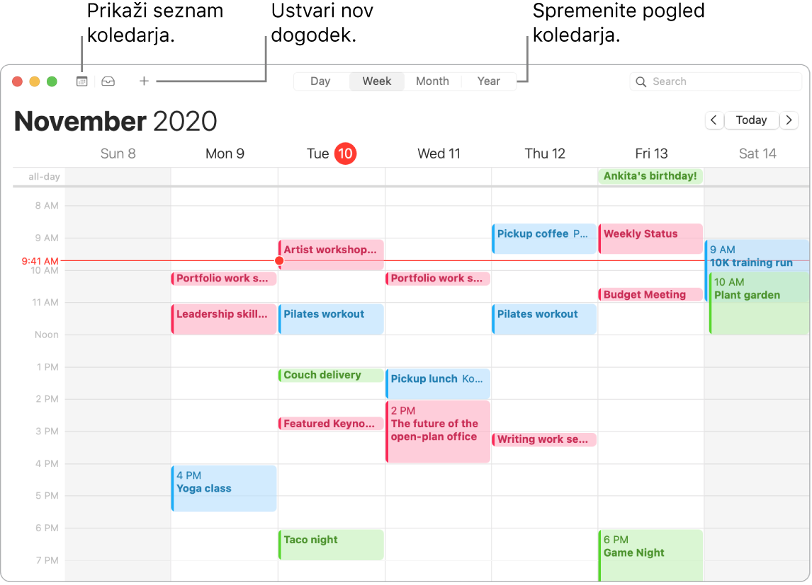 V oknu Calendar je prikazano, kako ustvarite dogodek, pokažete seznam koledarja in izberete prikaz dneva, tedna, meseca ali leta.